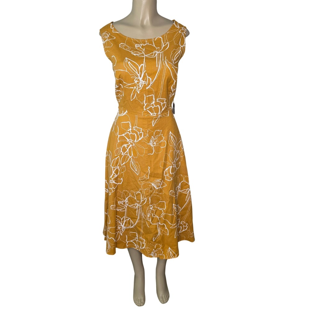 Eva Mendes Dress Women 12 Yellow Floral Midi Open Back Cutout Old Money Vacay